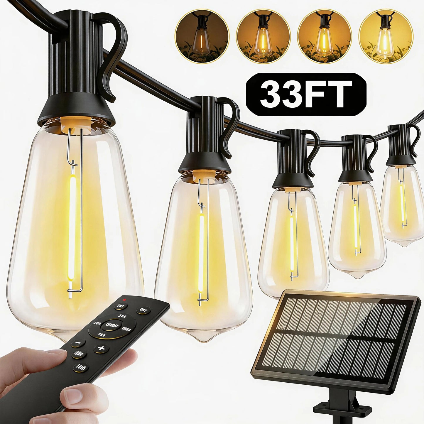 Solar-Powered Outdoor LED String Lights with Remote Control - Available in 30m and 10m Lengths, Featuring Dimmable ST38 Bulbs, IP65 Waterproof Rating, Energy-Efficient, and Shatter-Resistant Design