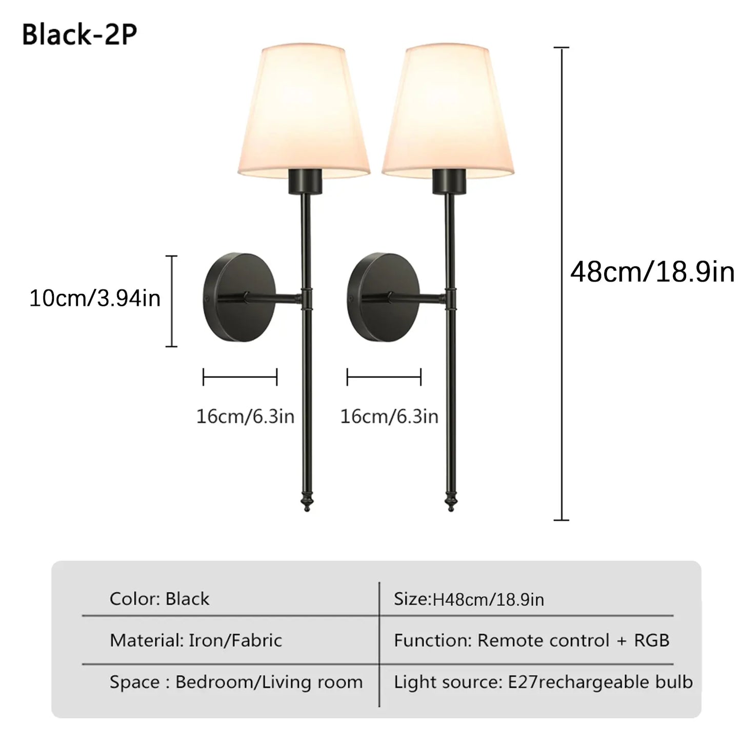 2-Piece USB Rechargeable Fabric Decorative Wall Light with RGB Bulbs, Remote Control, and Dimmable Features for Home Decor