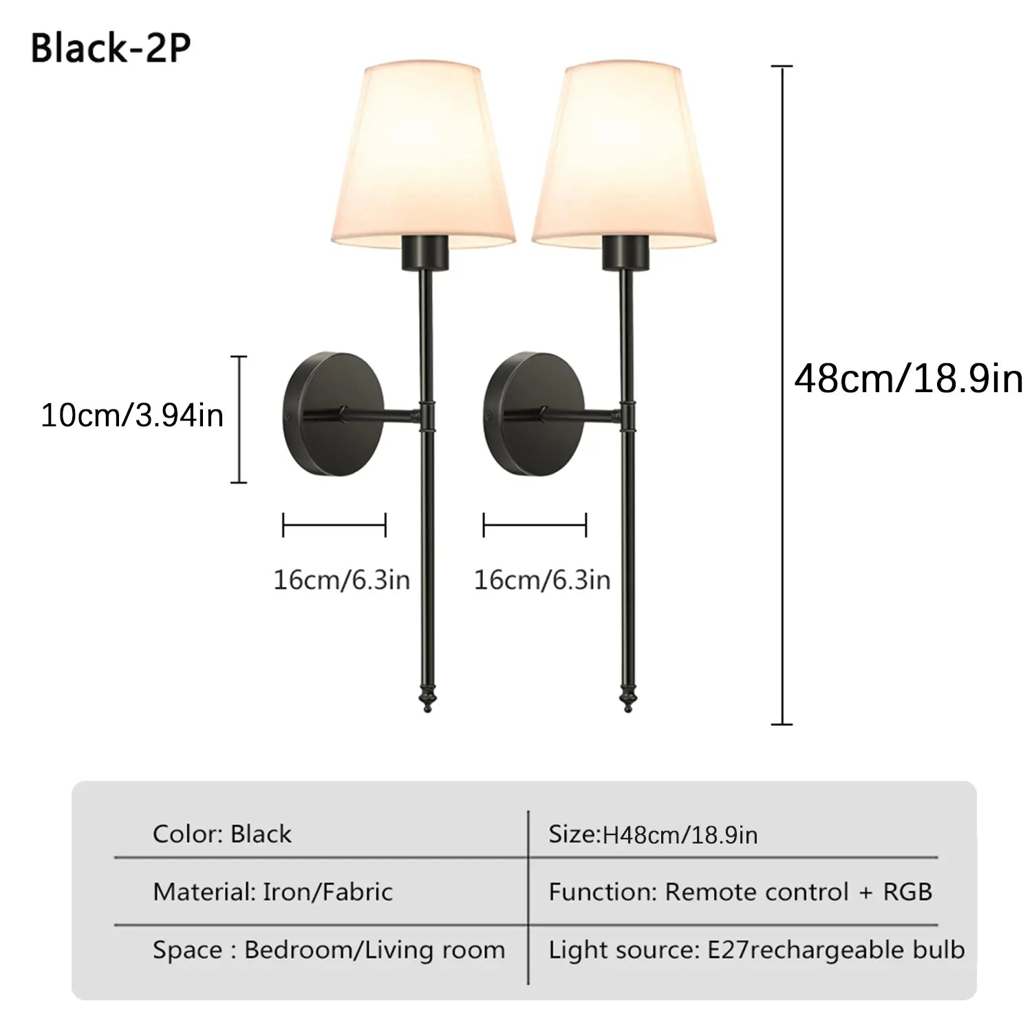 2-Piece USB Rechargeable Fabric Decorative Wall Light with RGB Bulbs, Remote Control, and Dimmable Features for Home Decor