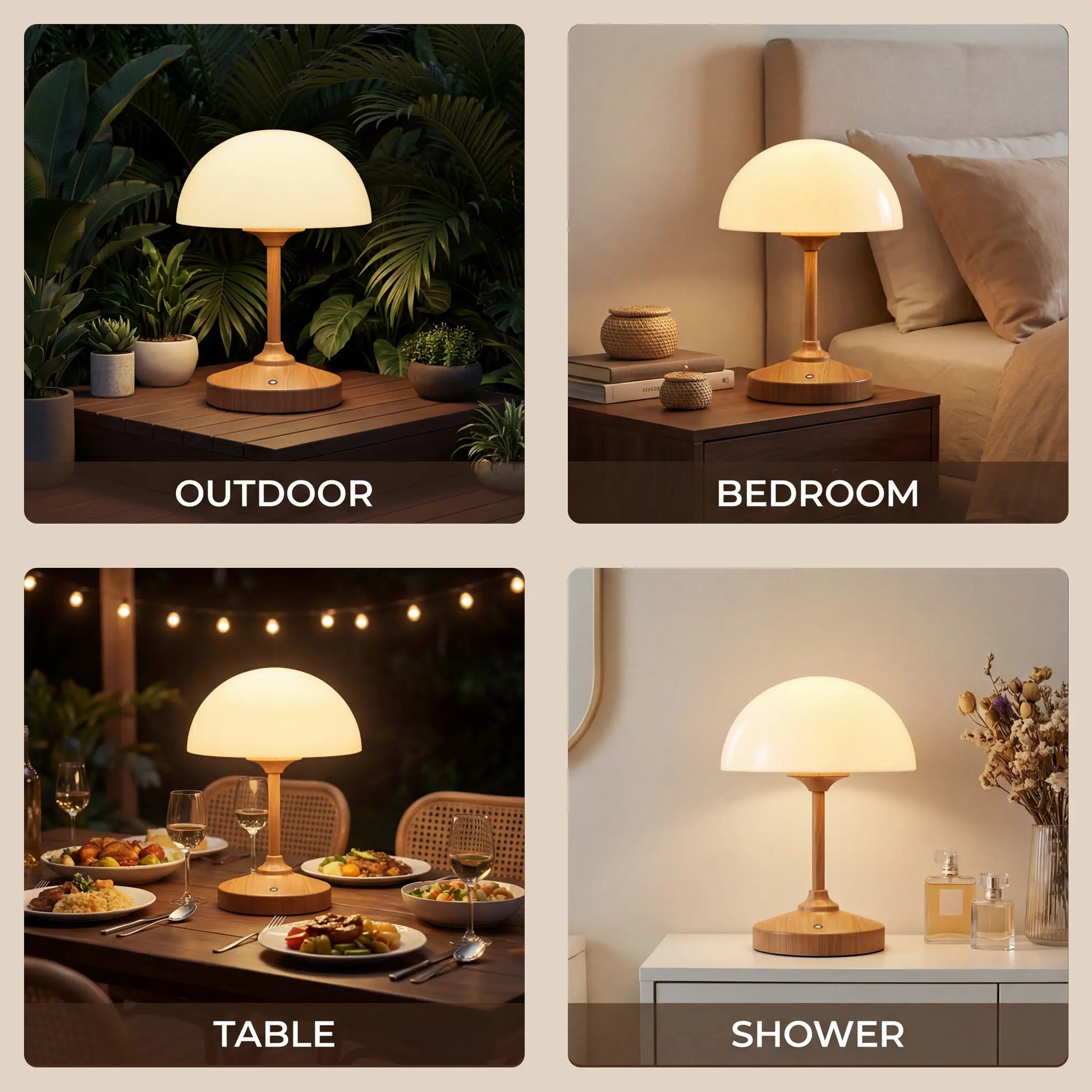 Dawnwake Cordless Rechargeable Mushroom Lamp with Touch Control, Waterproof Shower Light, Dimmable LED Night Light, 4000mAh USB Battery