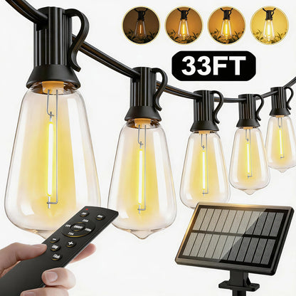 Solar-Powered Outdoor LED String Lights with Remote Control - Available in 30m and 10m Lengths, Featuring Dimmable ST38 Bulbs, IP65 Waterproof Rating, Energy-Efficient, and Shatter-Resistant Design