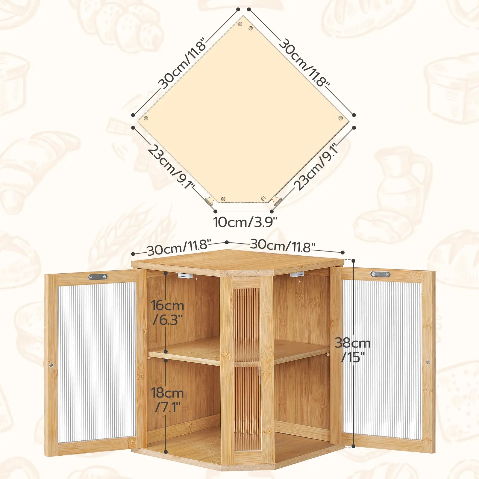 HOOBRO Large Capacity 2-Tier Bamboo Bread Box with Dual Rippled Acrylic Doors for Kitchen Countertop Storage
