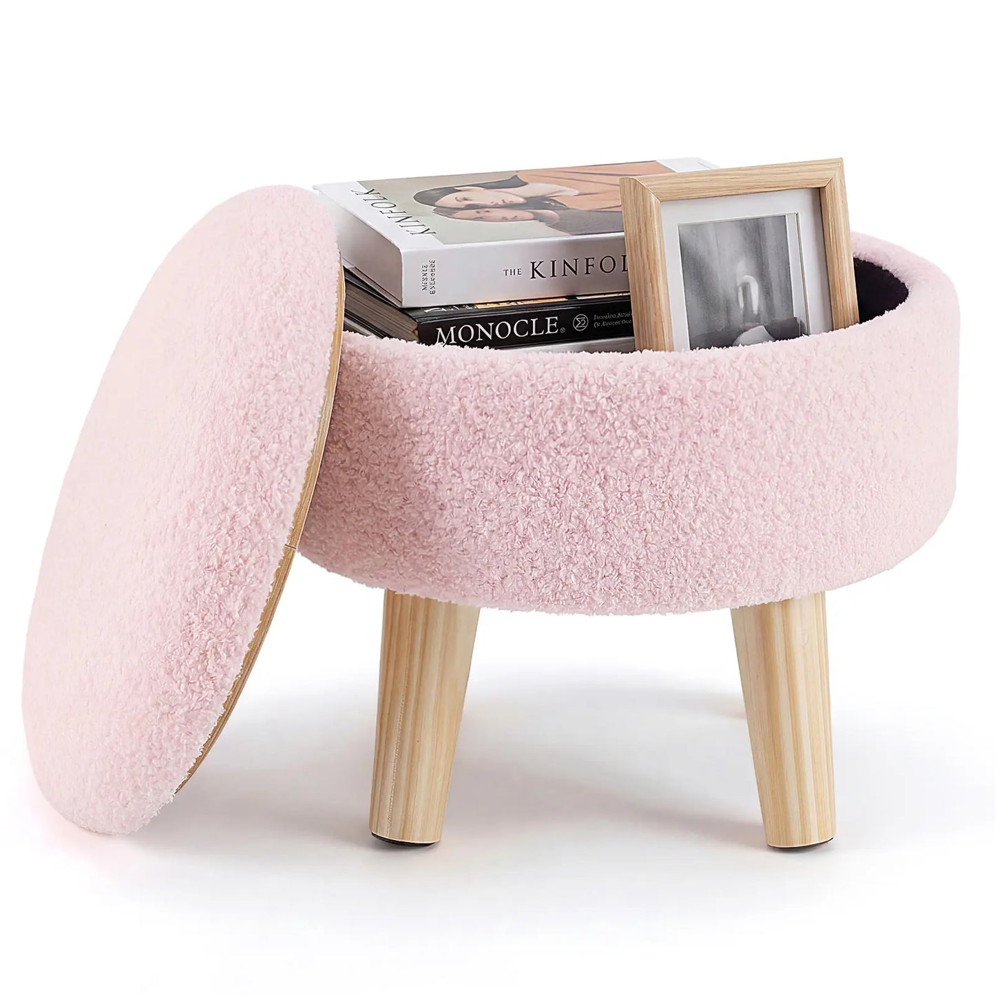Modern Round Teddy Velvet Storage Ottoman with Soft Padded Seat and Wood Legs, Versatile Accent Table and Plant Stand for Hallway and Living Room
