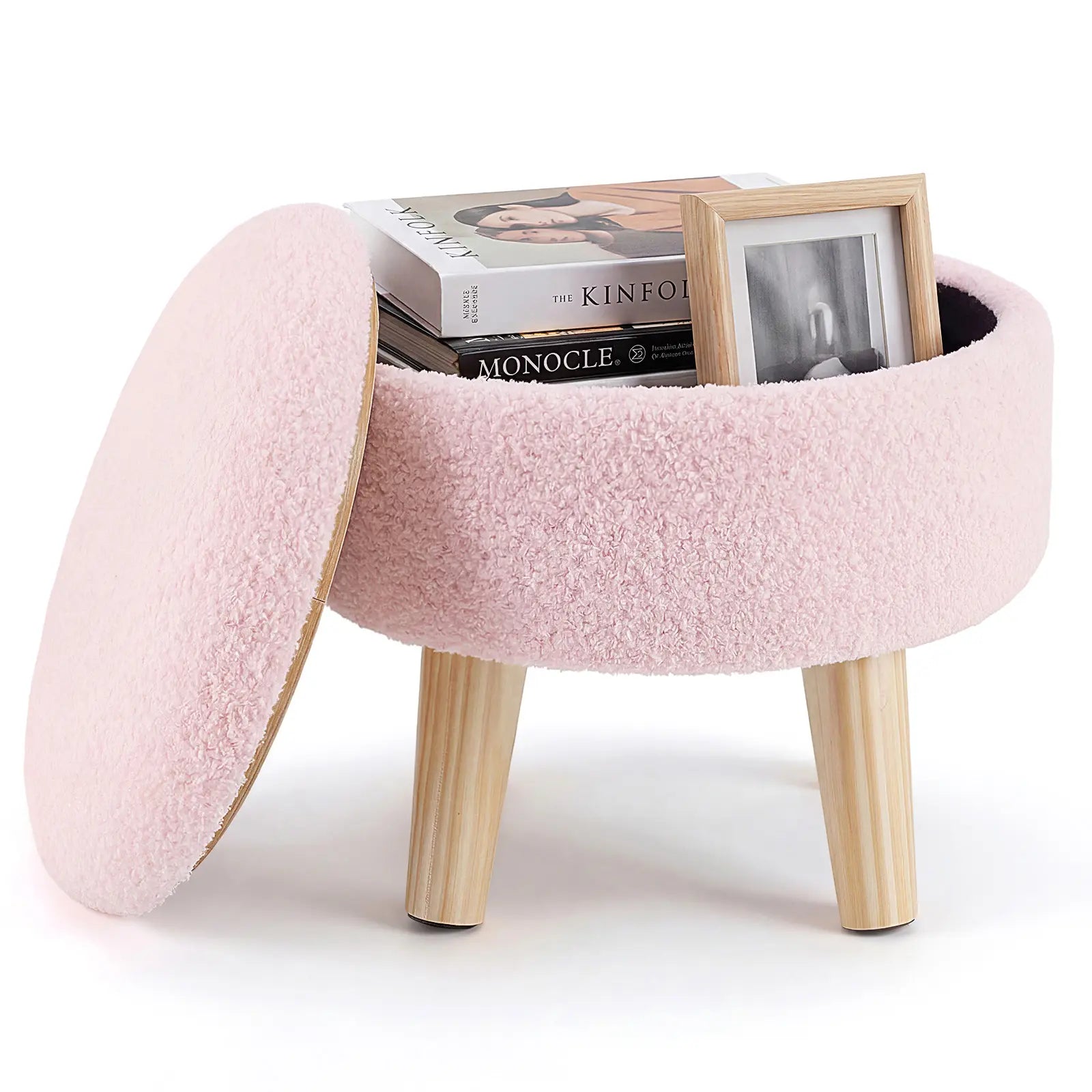 Modern Round Teddy Velvet Storage Ottoman with Soft Padded Seat and Wood Legs, Versatile Accent Table and Plant Stand for Hallway and Living Room
