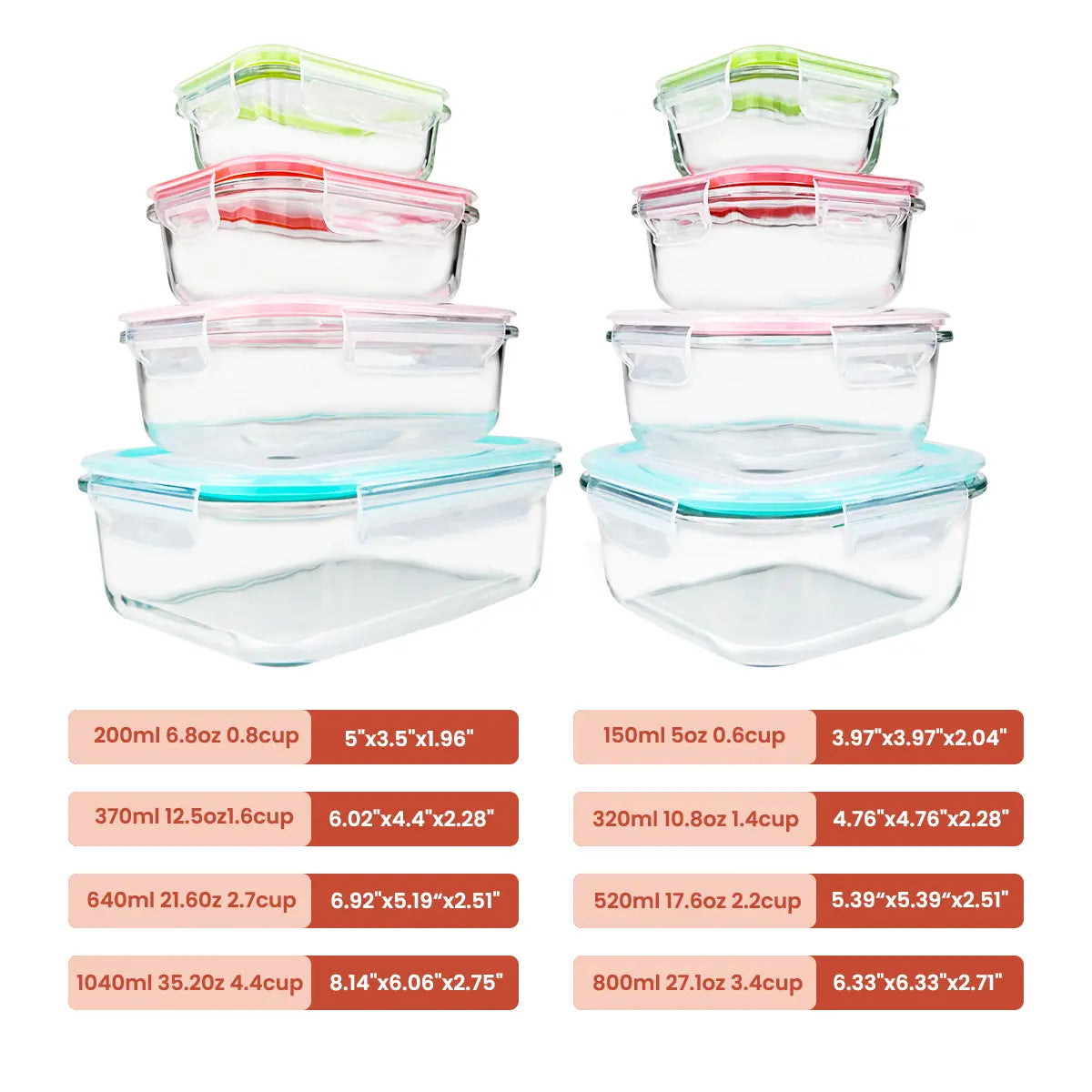 Premium 8-Pack Glass Food Storage Containers - Stackable, Airtight, Square with Lids, Oven, Microwave, and Freezer Safe - Green Rectangle Kitchen Organizers