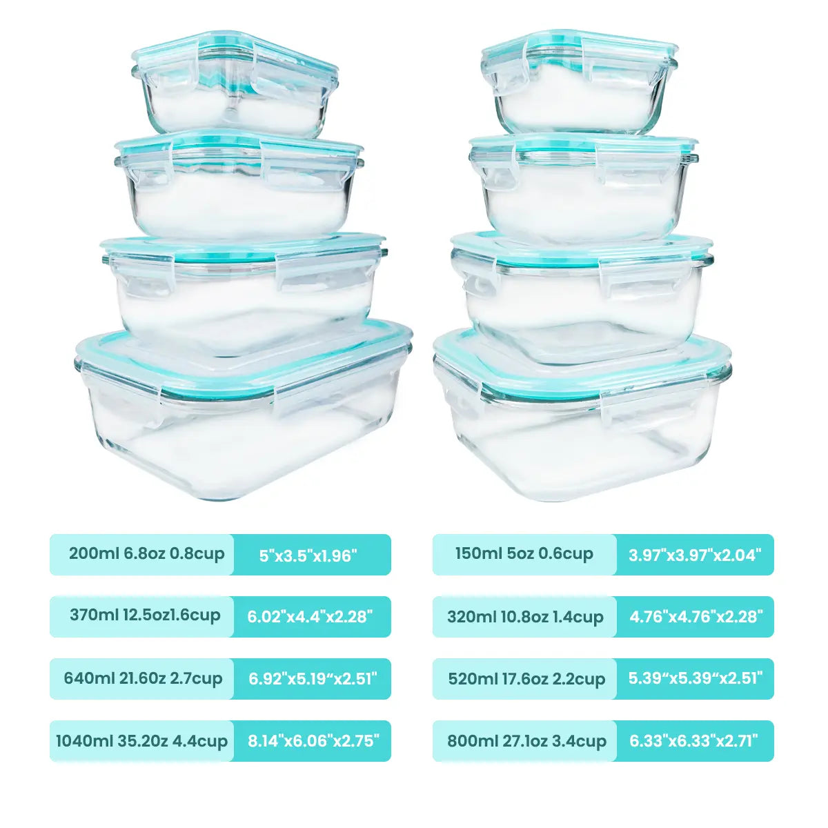 Premium 8-Pack Glass Food Storage Containers - Stackable, Airtight, Square with Lids, Oven, Microwave, and Freezer Safe - Green Rectangle Kitchen Organizers