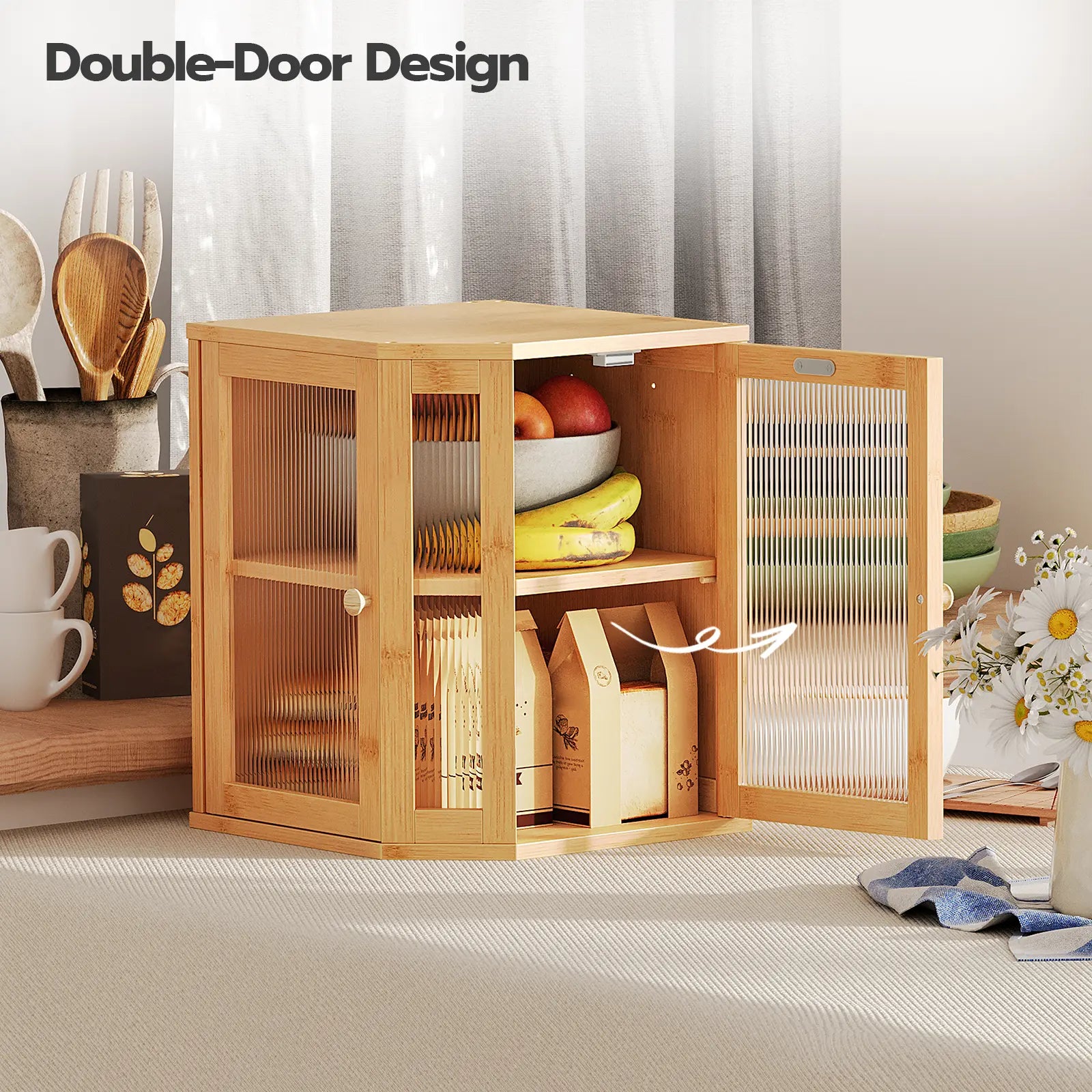 HOOBRO Large Capacity 2-Tier Bamboo Bread Box with Dual Rippled Acrylic Doors for Kitchen Countertop Storage