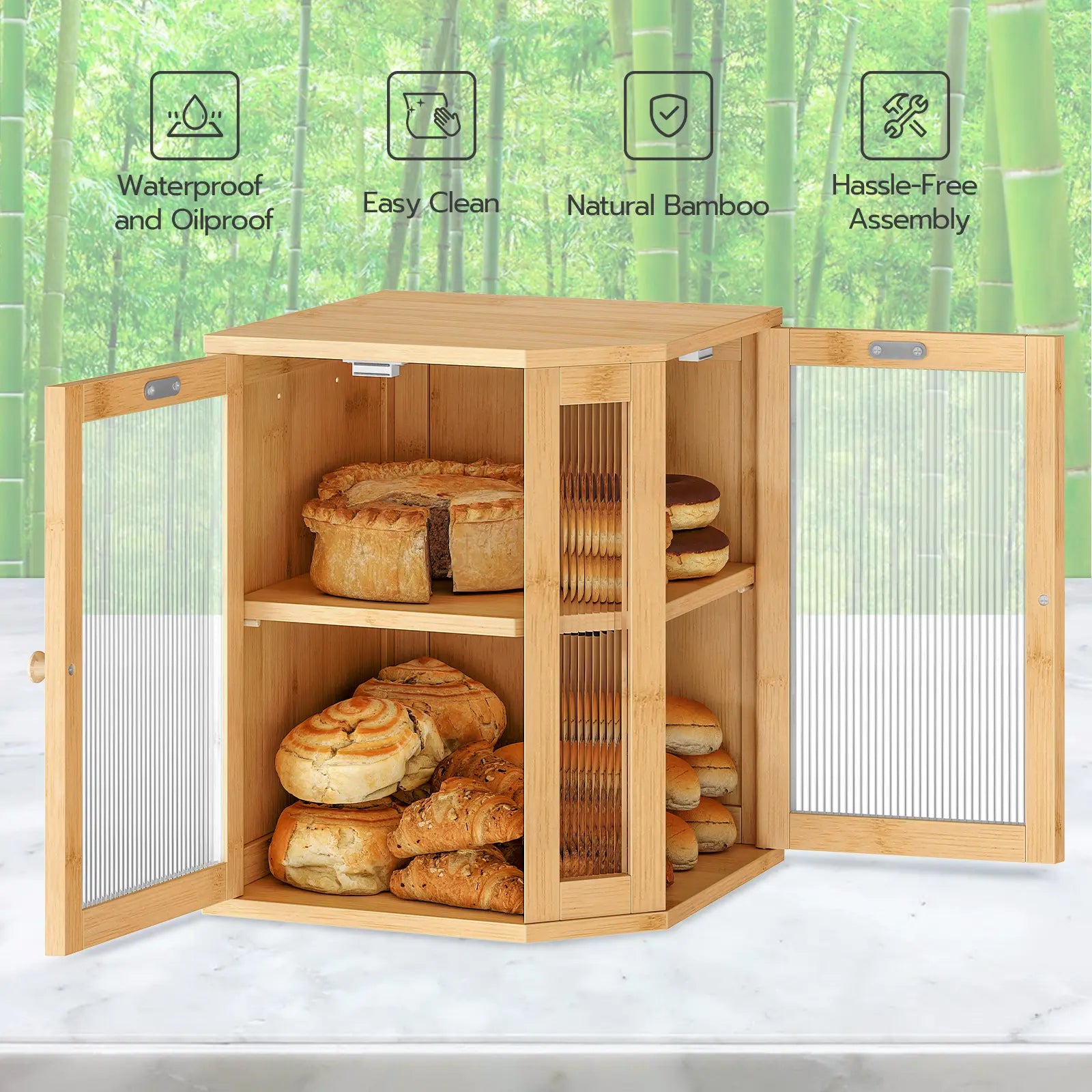 HOOBRO Large Capacity 2-Tier Bamboo Bread Box with Dual Rippled Acrylic Doors for Kitchen Countertop Storage