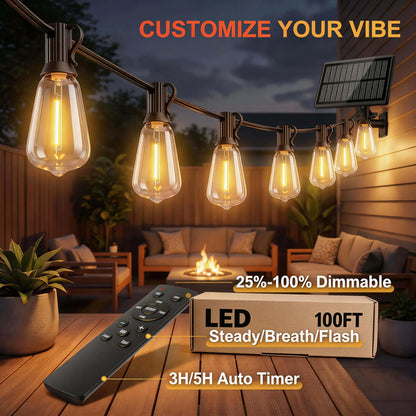 Solar-Powered Outdoor LED String Lights with Remote Control - Available in 30m and 10m Lengths, Featuring Dimmable ST38 Bulbs, IP65 Waterproof Rating, Energy-Efficient, and Shatter-Resistant Design