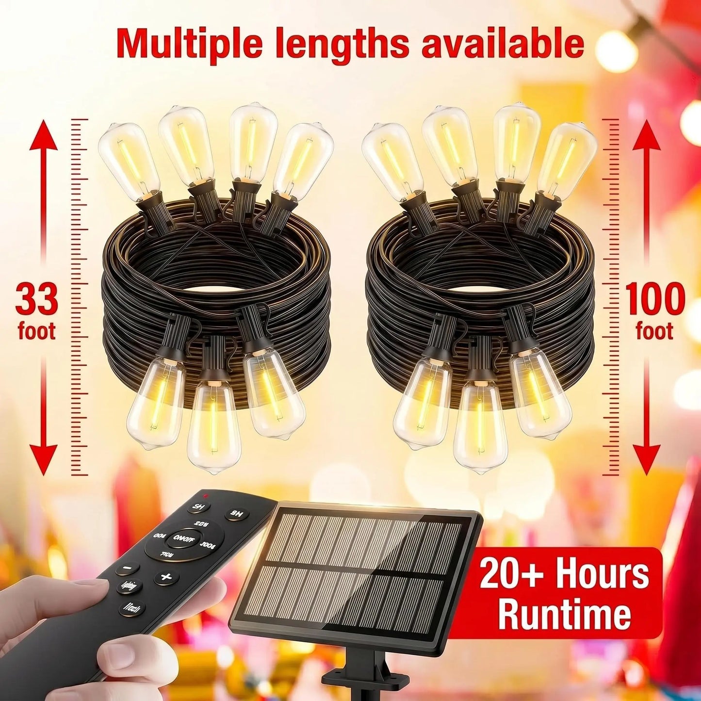 Solar-Powered Outdoor LED String Lights with Remote Control - Available in 30m and 10m Lengths, Featuring Dimmable ST38 Bulbs, IP65 Waterproof Rating, Energy-Efficient, and Shatter-Resistant Design