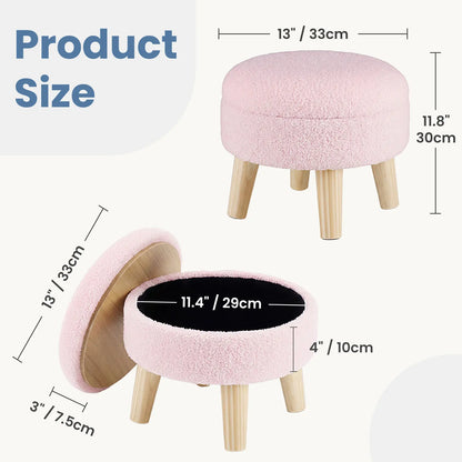 Modern Round Teddy Velvet Storage Ottoman with Soft Padded Seat and Wood Legs, Versatile Accent Table and Plant Stand for Hallway and Living Room