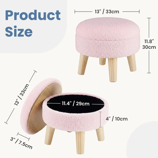 Modern Round Teddy Velvet Storage Ottoman with Soft Padded Seat and Wood Legs, Versatile Accent Table and Plant Stand for Hallway and Living Room