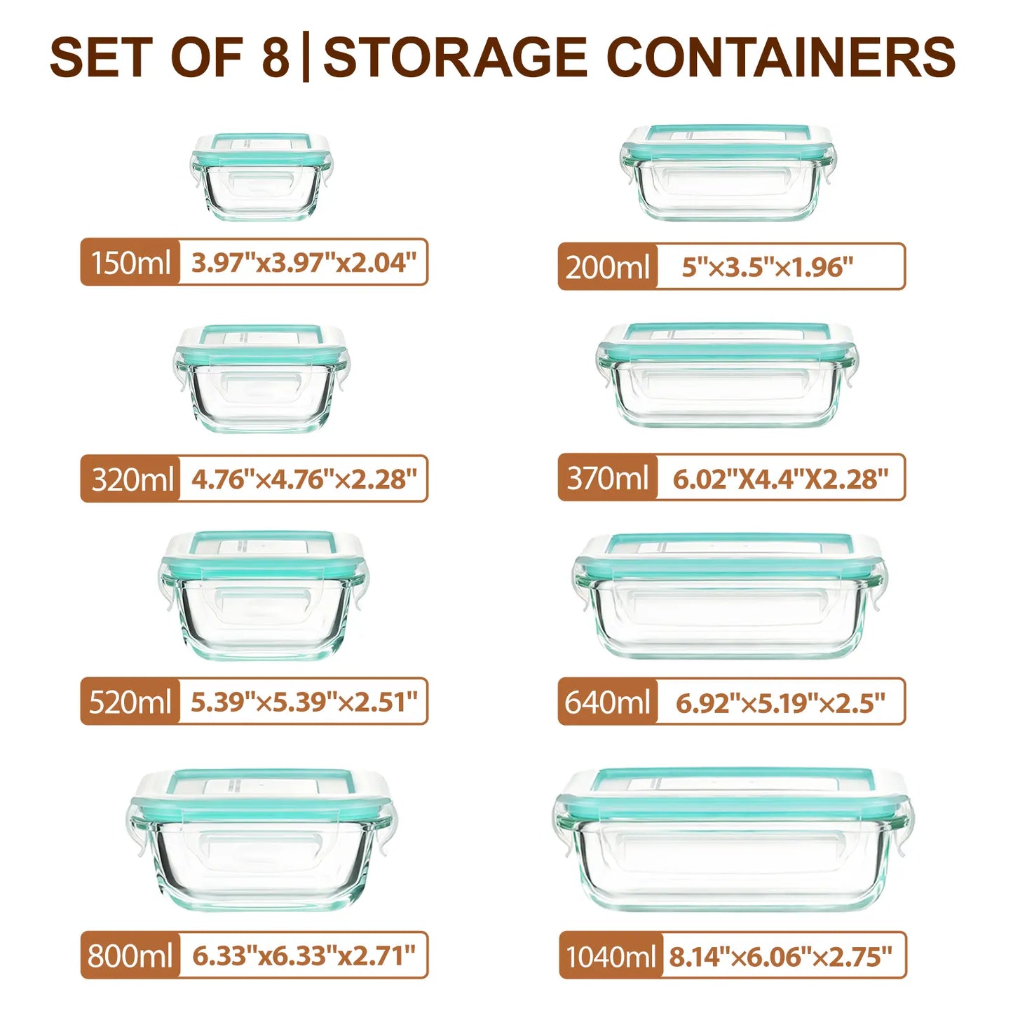 Premium 8-Pack Glass Food Storage Containers - Stackable, Airtight, Square with Lids, Oven, Microwave, and Freezer Safe - Green Rectangle Kitchen Organizers