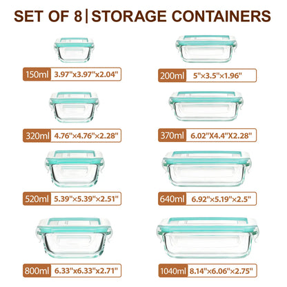 Premium 8-Pack Glass Food Storage Containers - Stackable, Airtight, Square with Lids, Oven, Microwave, and Freezer Safe - Green Rectangle Kitchen Organizers