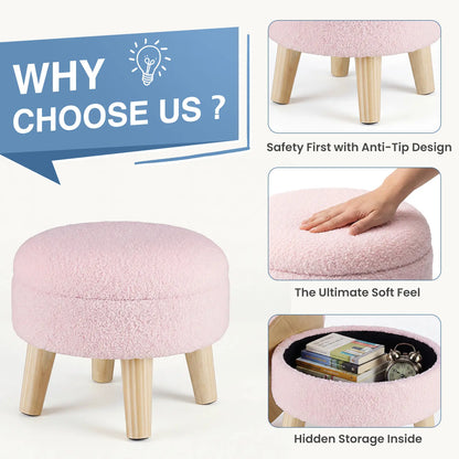 Modern Round Teddy Velvet Storage Ottoman with Soft Padded Seat and Wood Legs, Versatile Accent Table and Plant Stand for Hallway and Living Room