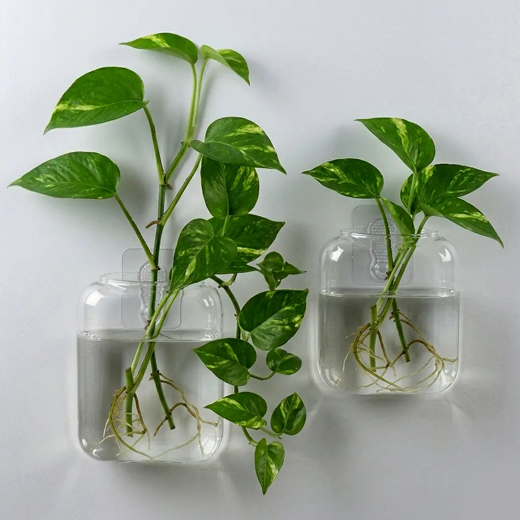Set of 2 Clear Glass Wall-Mounted Planters for Hydroponic Plant Propagation - Elegant Terrarium Vases for Home, Office, and Garden Decor