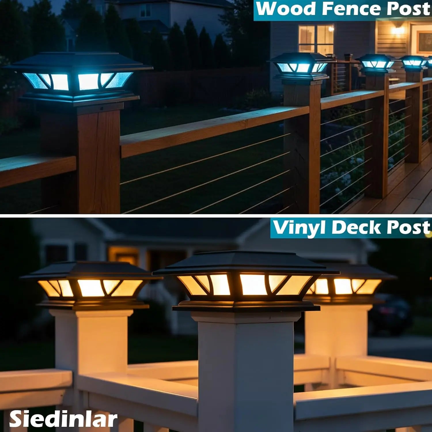 Siedinlar Waterproof Solar Post Cap Lights with Dual Mode Warm/Cool White LED, Suitable for 4x4, 5x5, and 6x6 Wood/Vinyl Posts for Fence, Deck, Railing, Patio, and Backyard Decor, Black/White (2-Pack)