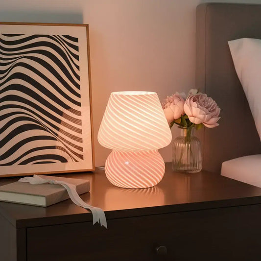 Mushroom Glass Table Lamp - Semi-Transparent Murano Vintage Style Striped Night Light for Kids' Bedrooms, Living Rooms, and Home Decor