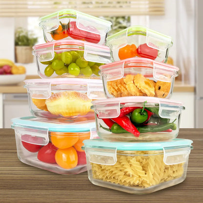 Premium 8-Pack Glass Food Storage Containers - Stackable, Airtight, Square with Lids, Oven, Microwave, and Freezer Safe - Green Rectangle Kitchen Organizers
