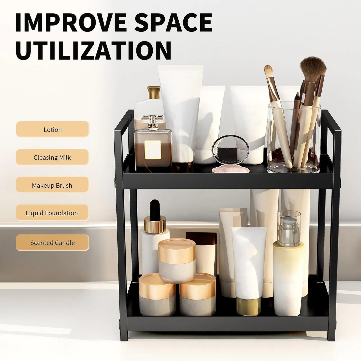 2-Tier Versatile Desktop Storage Rack for Cosmetics, Spices, and Beauty Supplies - Ideal Organizer Shelf for Kitchen, Bathroom, and Vanity
