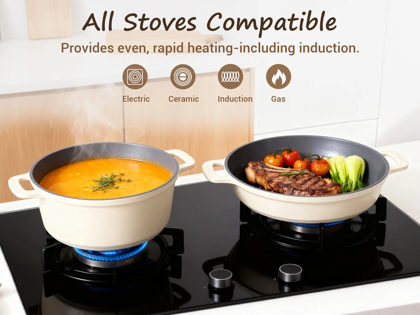 Ammeloo 8-Piece Ceramic Non-Stick Stock Pot Set with Lid, 4.5 Qt, Versatile Soup Pot for All Stoves, Dishwasher Safe, Oven and Induction Compatible, PFOA and PFAS Free, Stackable Design with Aluminum Handles