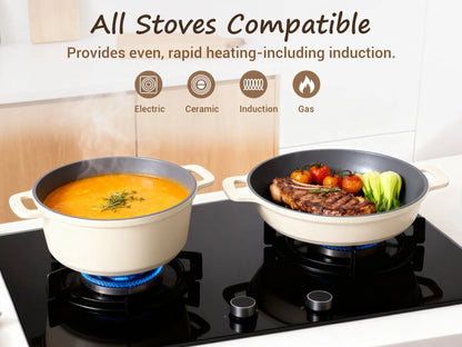 Ammeloo 8-Piece Ceramic Non-Stick Stock Pot Set with Lid, 4.5 Qt, Versatile Soup Pot for All Stoves, Dishwasher Safe, Oven and Induction Compatible, PFOA and PFAS Free, Stackable Design with Aluminum Handles