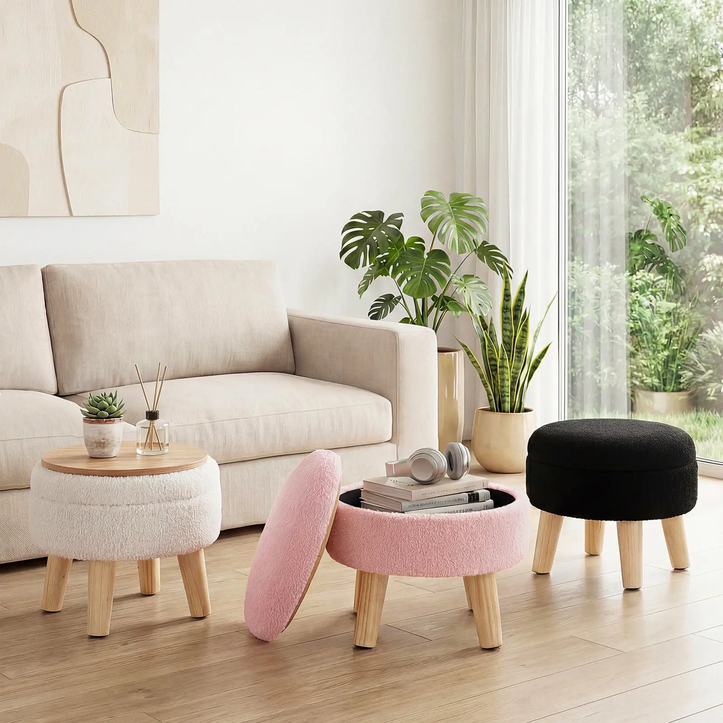 Modern Round Teddy Velvet Storage Ottoman with Soft Padded Seat and Wood Legs, Versatile Accent Table and Plant Stand for Hallway and Living Room