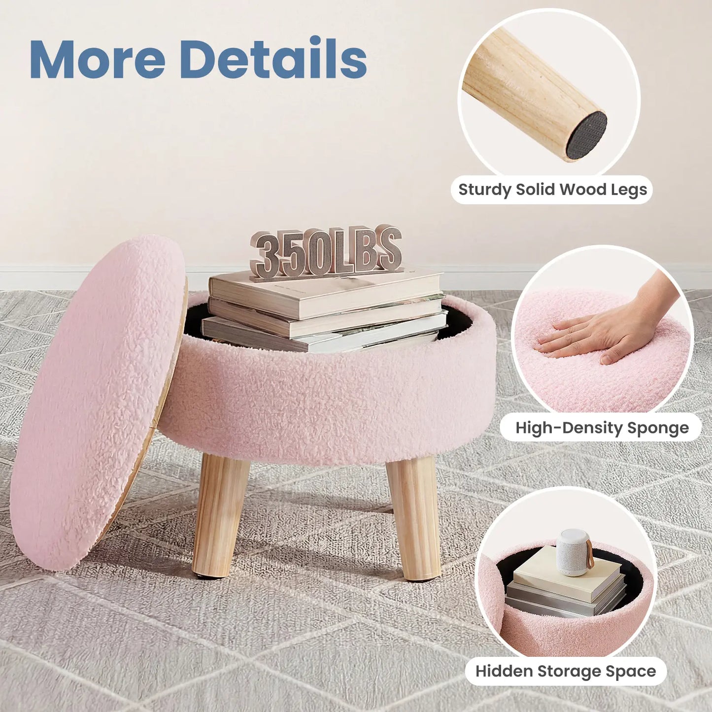 Modern Round Teddy Velvet Storage Ottoman with Soft Padded Seat and Wood Legs, Versatile Accent Table and Plant Stand for Hallway and Living Room