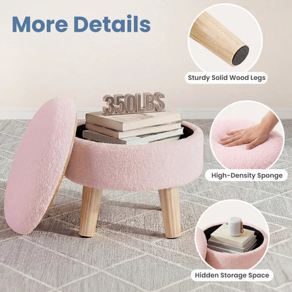 Modern Round Teddy Velvet Storage Ottoman with Soft Padded Seat and Wood Legs, Versatile Accent Table and Plant Stand for Hallway and Living Room