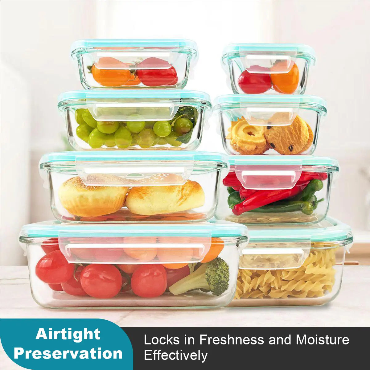Premium 8-Pack Glass Food Storage Containers - Stackable, Airtight, Square with Lids, Oven, Microwave, and Freezer Safe - Green Rectangle Kitchen Organizers