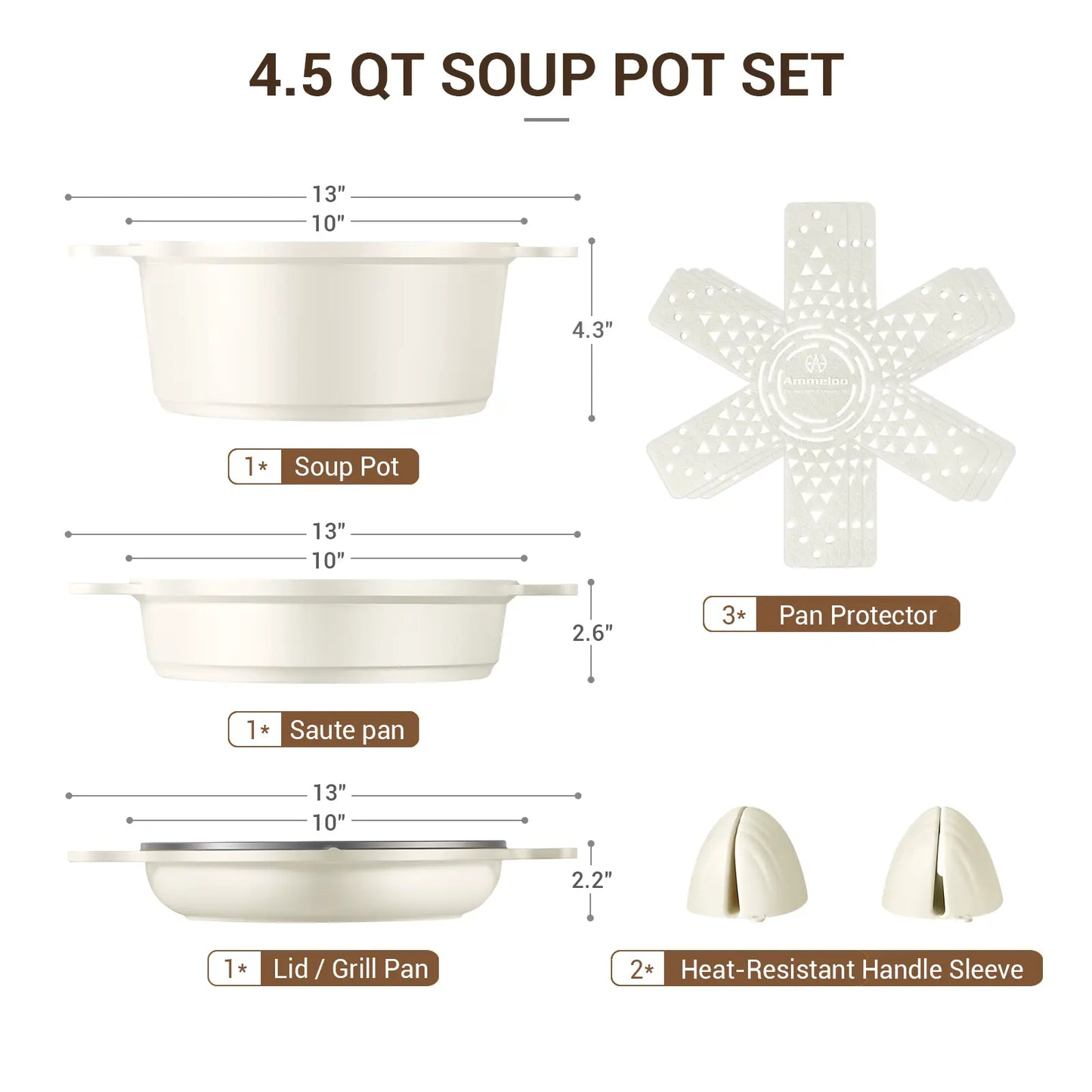Ammeloo 8-Piece Ceramic Non-Stick Stock Pot Set with Lid, 4.5 Qt, Versatile Soup Pot for All Stoves, Dishwasher Safe, Oven and Induction Compatible, PFOA and PFAS Free, Stackable Design with Aluminum Handles