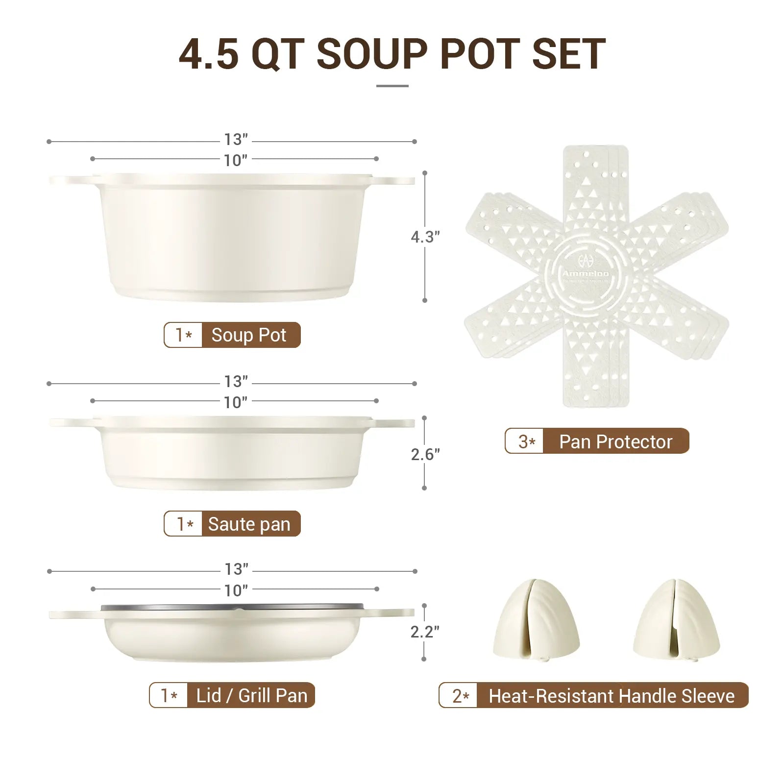 Ammeloo 8-Piece Ceramic Non-Stick Stock Pot Set with Lid, 4.5 Qt, Versatile Soup Pot for All Stoves, Dishwasher Safe, Oven and Induction Compatible, PFOA and PFAS Free, Stackable Design with Aluminum Handles