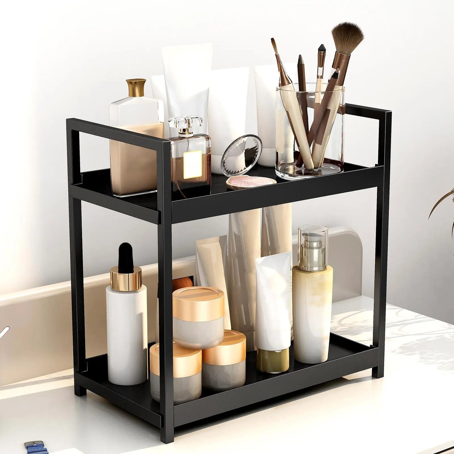 2-Tier Versatile Desktop Storage Rack for Cosmetics, Spices, and Beauty Supplies - Ideal Organizer Shelf for Kitchen, Bathroom, and Vanity