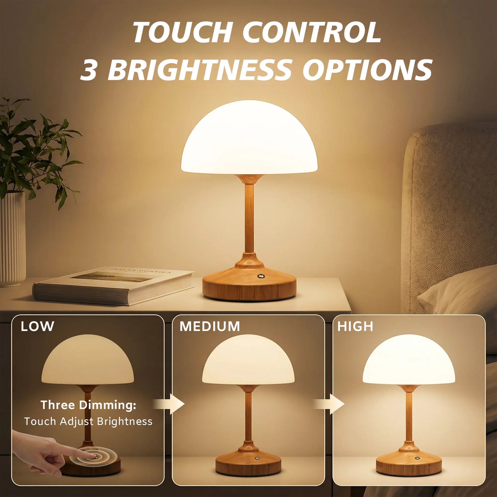 Dawnwake Cordless Rechargeable Mushroom Lamp with Touch Control, Waterproof Shower Light, Dimmable LED Night Light, 4000mAh USB Battery