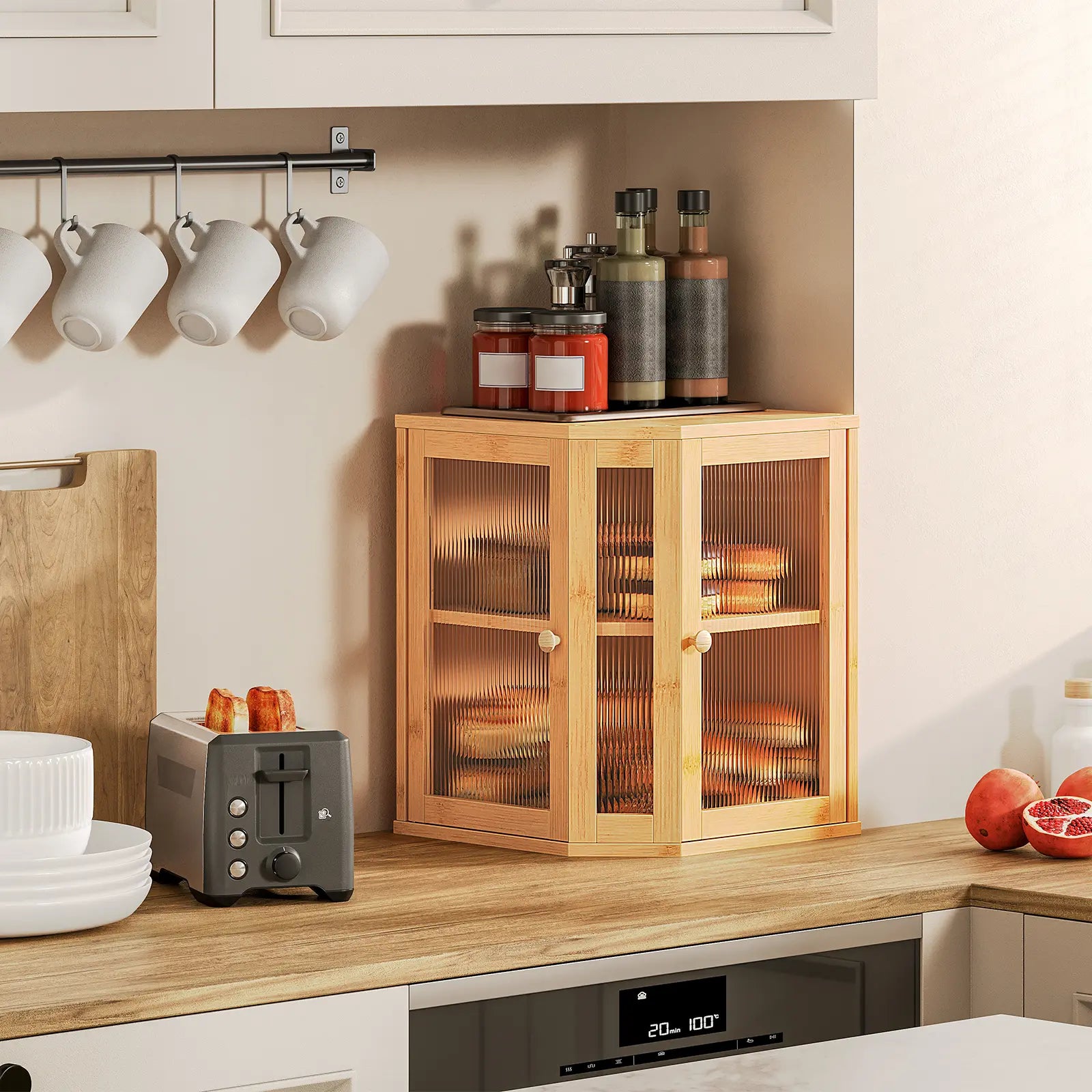 HOOBRO Large Capacity 2-Tier Bamboo Bread Box with Dual Rippled Acrylic Doors for Kitchen Countertop Storage