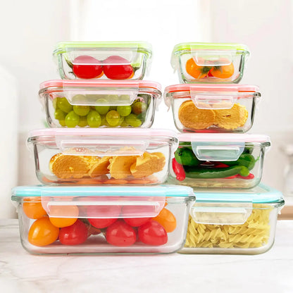 Premium 8-Pack Glass Food Storage Containers - Stackable, Airtight, Square with Lids, Oven, Microwave, and Freezer Safe - Green Rectangle Kitchen Organizers