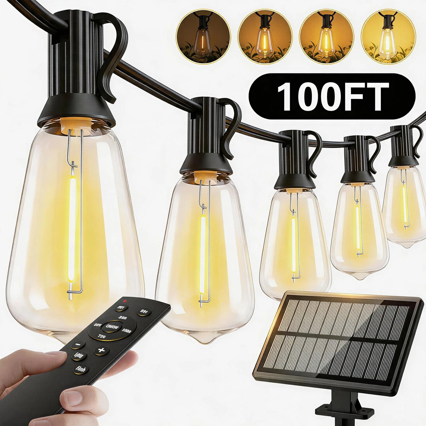 Solar-Powered Outdoor LED String Lights with Remote Control - Available in 30m and 10m Lengths, Featuring Dimmable ST38 Bulbs, IP65 Waterproof Rating, Energy-Efficient, and Shatter-Resistant Design