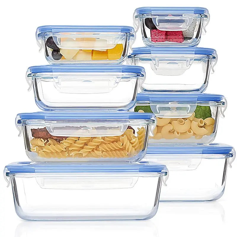 Premium 8-Pack Glass Food Storage Containers - Stackable, Airtight, Square with Lids, Oven, Microwave, and Freezer Safe - Green Rectangle Kitchen Organizers