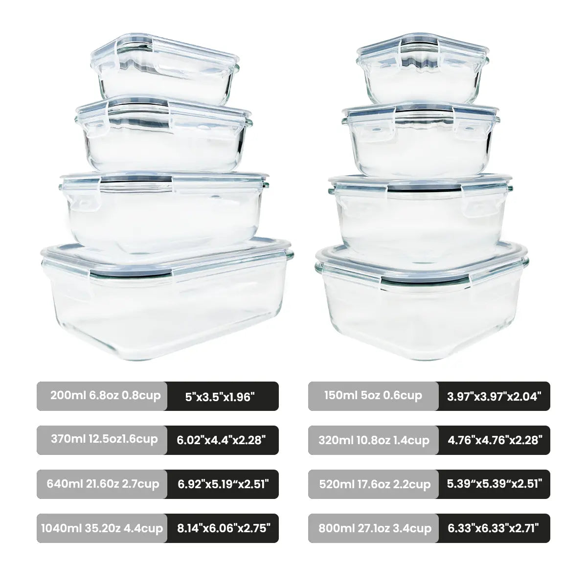 Premium 8-Pack Glass Food Storage Containers - Stackable, Airtight, Square with Lids, Oven, Microwave, and Freezer Safe - Green Rectangle Kitchen Organizers
