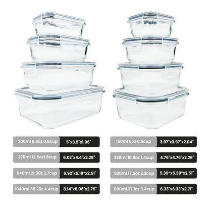 Premium 8-Pack Glass Food Storage Containers - Stackable, Airtight, Square with Lids, Oven, Microwave, and Freezer Safe - Green Rectangle Kitchen Organizers