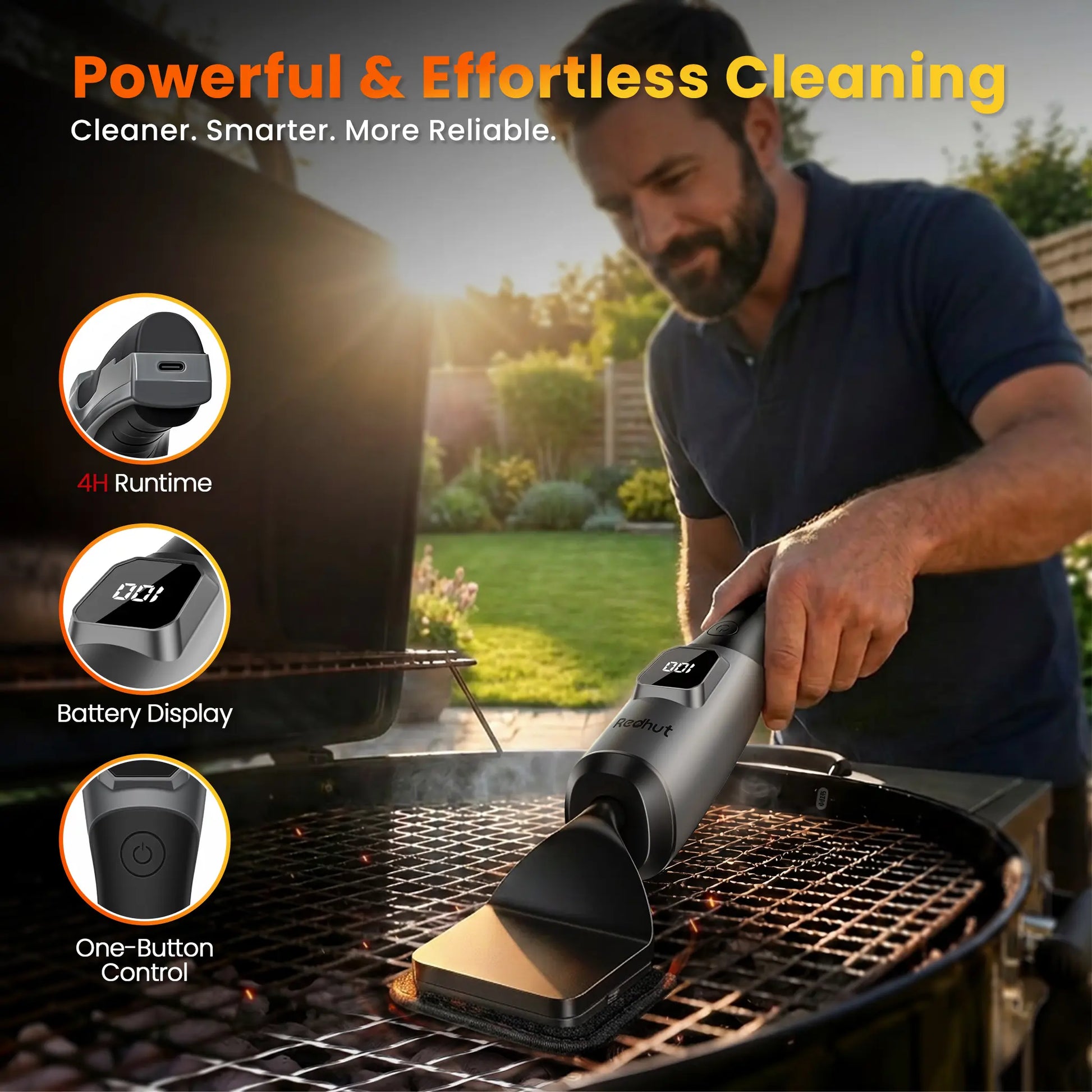 Redhut Cordless Electric Grill Brush with Fireproof Cloth and Shed-Free Steel Wool - 240-Minute Runtime, High-Frequency Vibration for Gas, Charcoal, and Smoker Grates - Ideal for Camping, BBQ, and Family Gatherings 2026