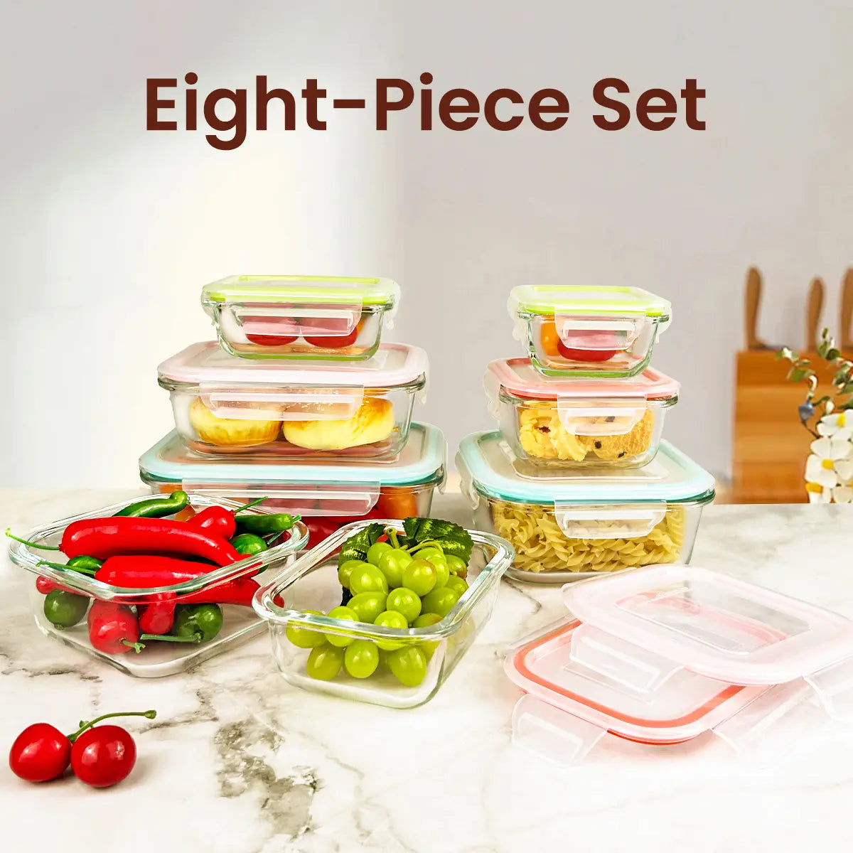 Premium 8-Pack Glass Food Storage Containers - Stackable, Airtight, Square with Lids, Oven, Microwave, and Freezer Safe - Green Rectangle Kitchen Organizers