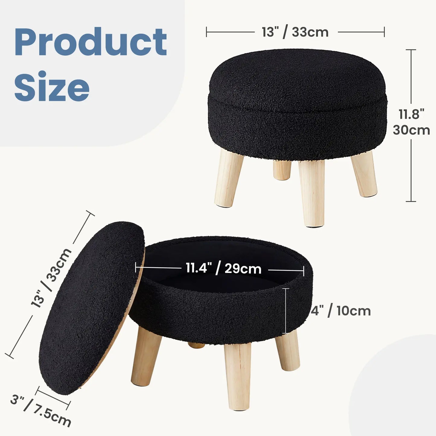 Modern Round Teddy Velvet Storage Ottoman with Soft Padded Seat and Wood Legs, Versatile Accent Table and Plant Stand for Hallway and Living Room
