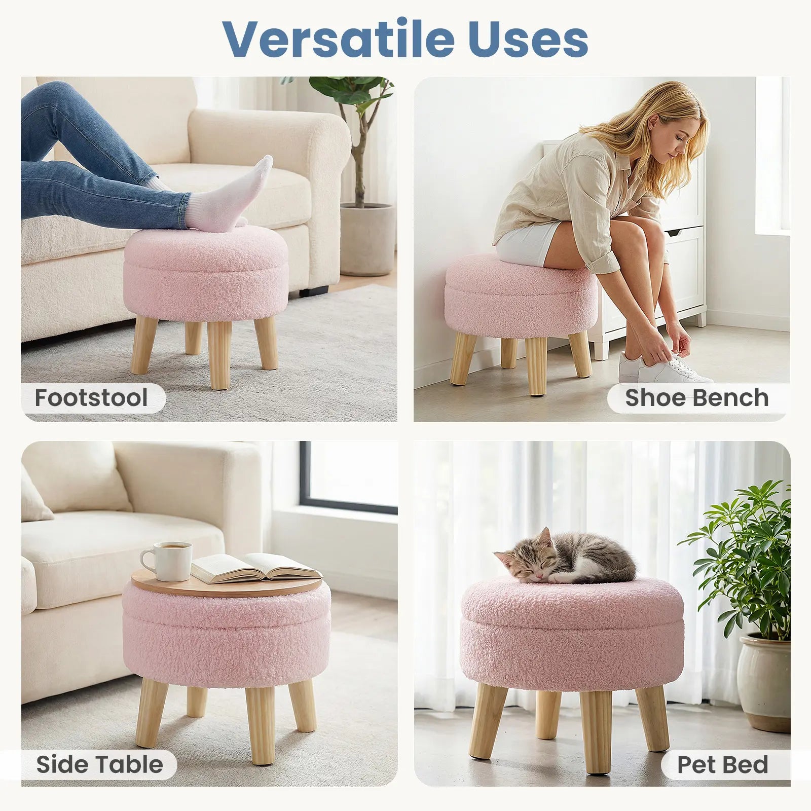 Modern Round Teddy Velvet Storage Ottoman with Soft Padded Seat and Wood Legs, Versatile Accent Table and Plant Stand for Hallway and Living Room