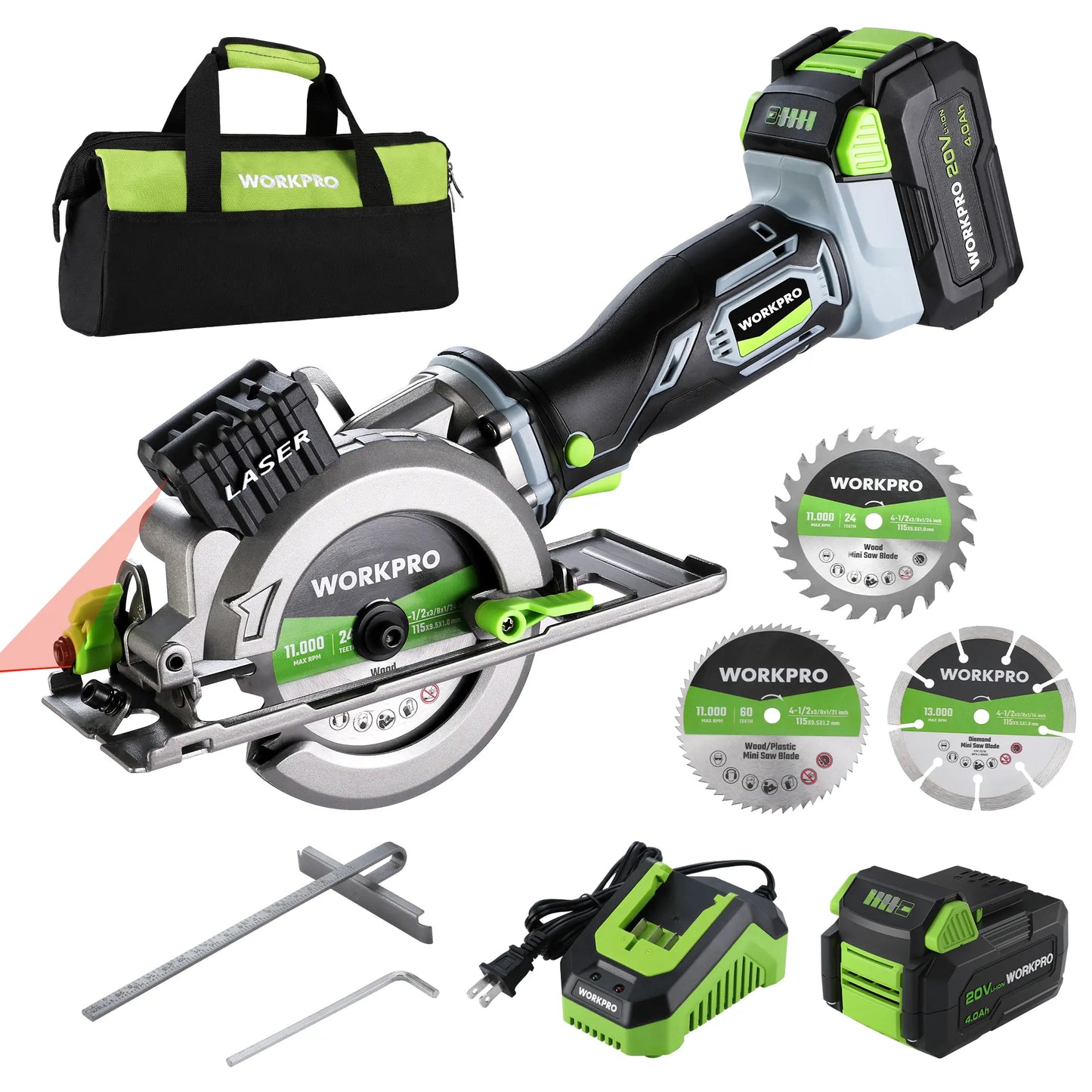 WORKPRO 20V Cordless Mini Circular Saw - 4-1/2" Compact Wireless Circular Saw with 4.0Ah Battery, Fast Charger, 3 Blades, 4500 RPM, Laser Guide, Max Cutting Depth 1-11/16" (90°), 1-1/8" (45°)