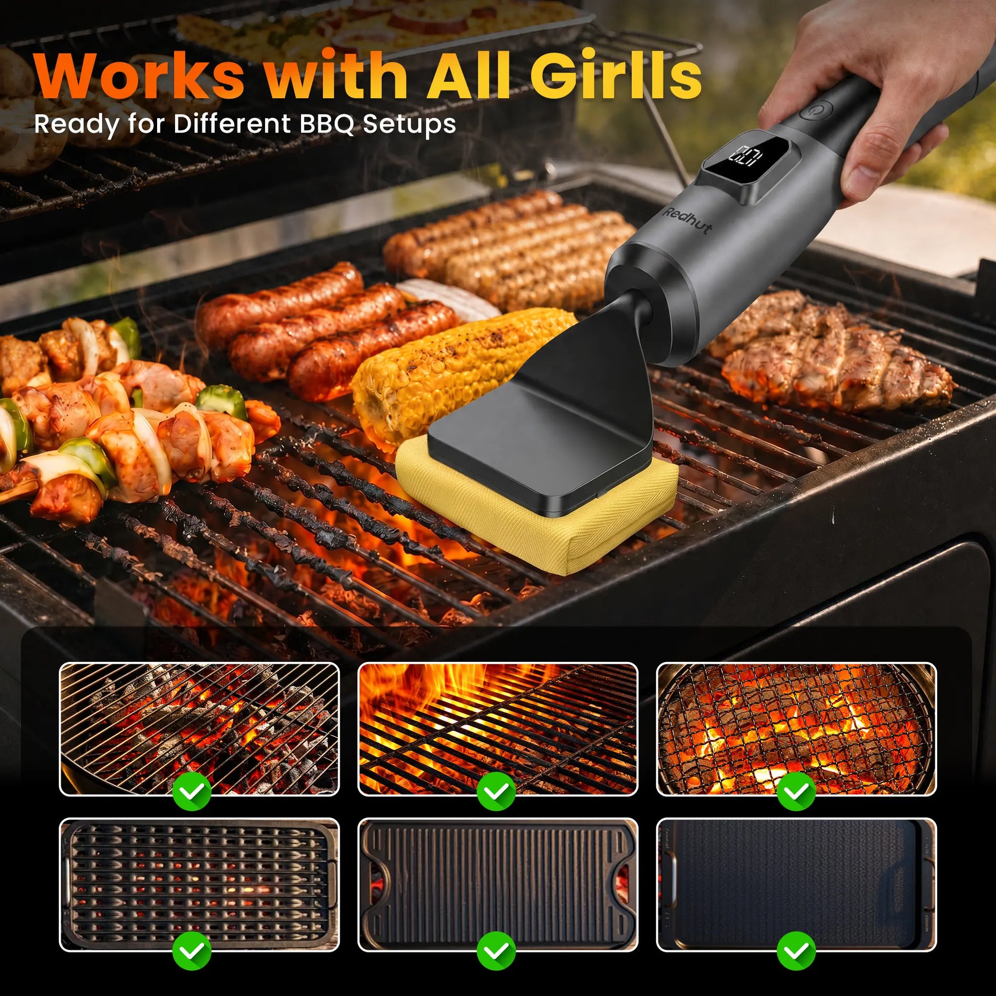 Redhut Cordless Electric Grill Brush with Fireproof Cloth and Shed-Free Steel Wool - 240-Minute Runtime, High-Frequency Vibration for Gas, Charcoal, and Smoker Grates - Ideal for Camping, BBQ, and Family Gatherings 2026