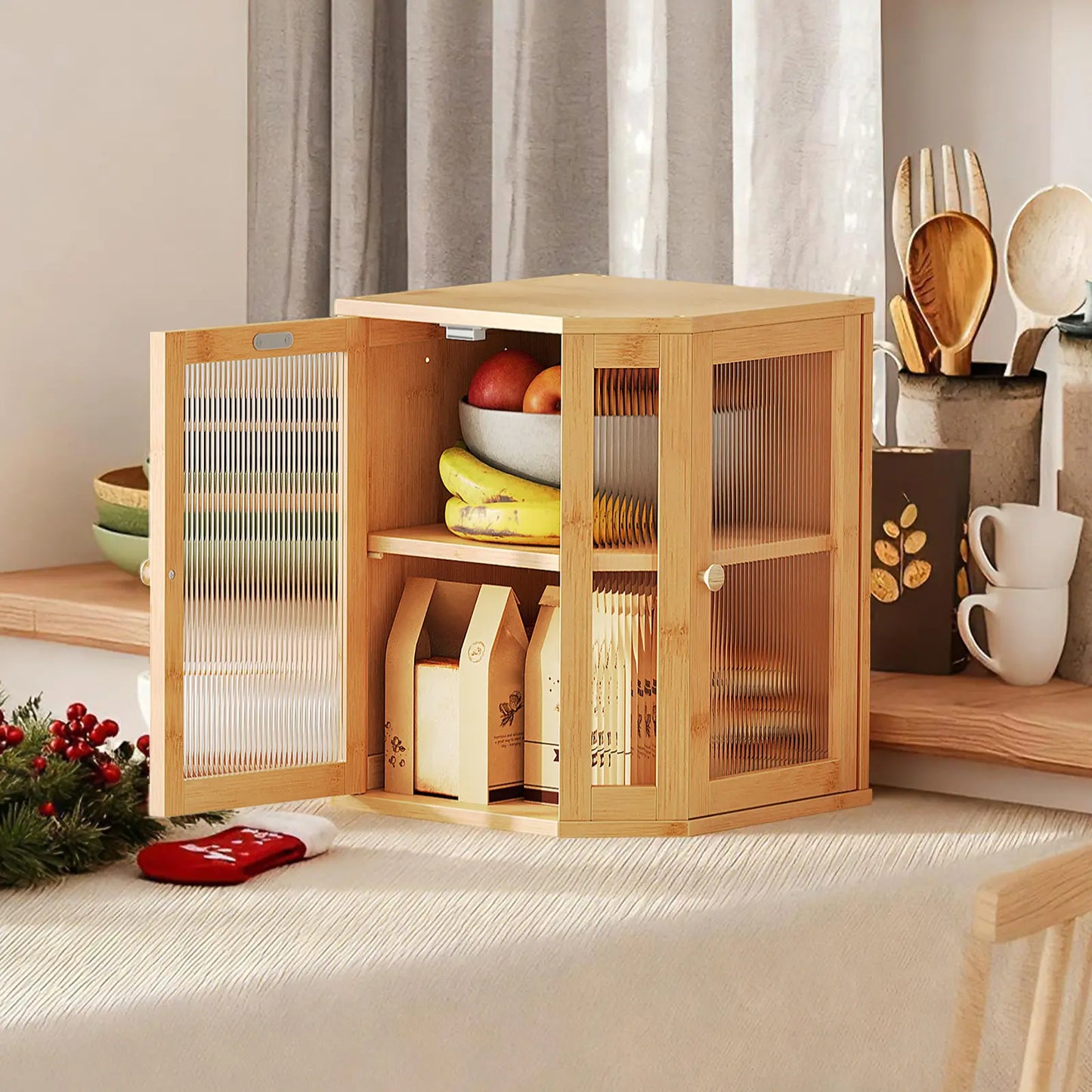HOOBRO Large Capacity 2-Tier Bamboo Bread Box with Dual Rippled Acrylic Doors for Kitchen Countertop Storage
