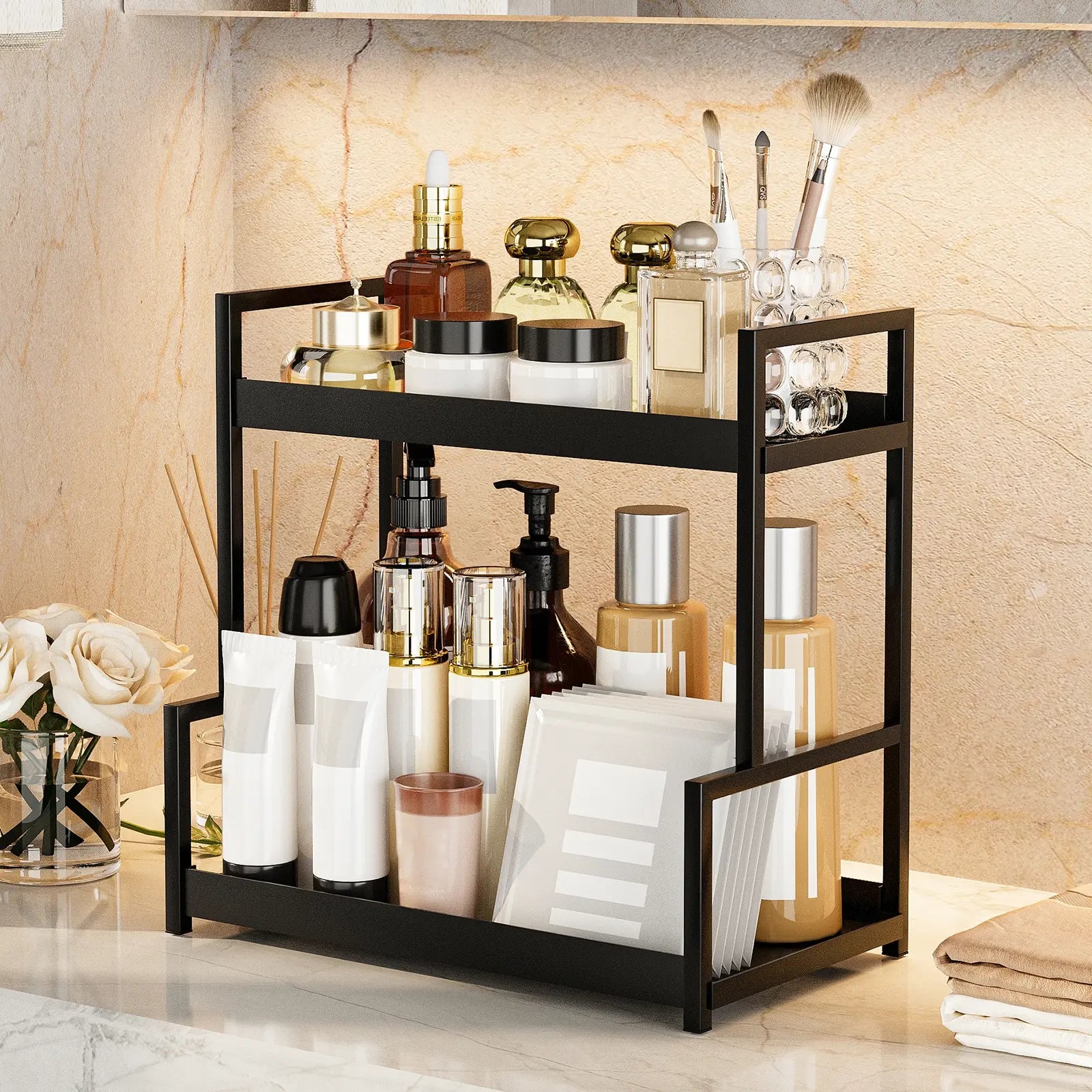 2-Tier Versatile Desktop Storage Rack for Cosmetics, Spices, and Beauty Supplies - Ideal Organizer Shelf for Kitchen, Bathroom, and Vanity