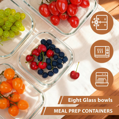 Premium 8-Pack Glass Food Storage Containers - Stackable, Airtight, Square with Lids, Oven, Microwave, and Freezer Safe - Green Rectangle Kitchen Organizers