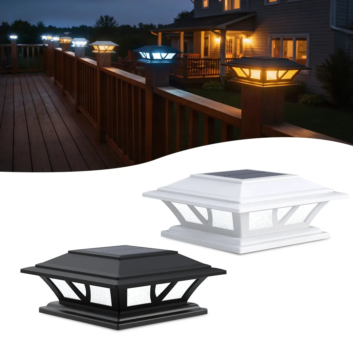 Siedinlar Waterproof Solar Post Cap Lights with Dual Mode Warm/Cool White LED, Suitable for 4x4, 5x5, and 6x6 Wood/Vinyl Posts for Fence, Deck, Railing, Patio, and Backyard Decor, Black/White (2-Pack)